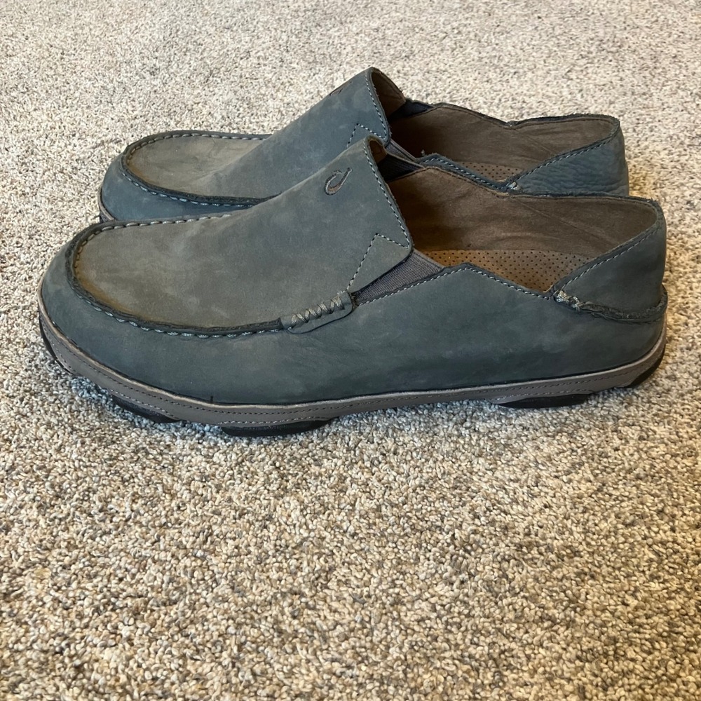 OluKai Moloa Mens Leather Slip On Shoes Charcoal Grey Moccasins Size 10 Hawaian
